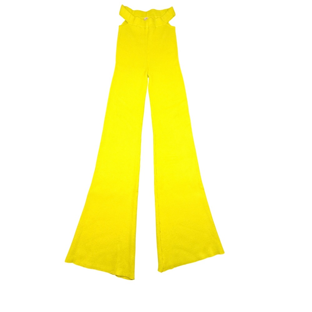 Camila Coelho Women Neon Yellow Ribbed Cutout Waist Wide Leg Knit Pants Small